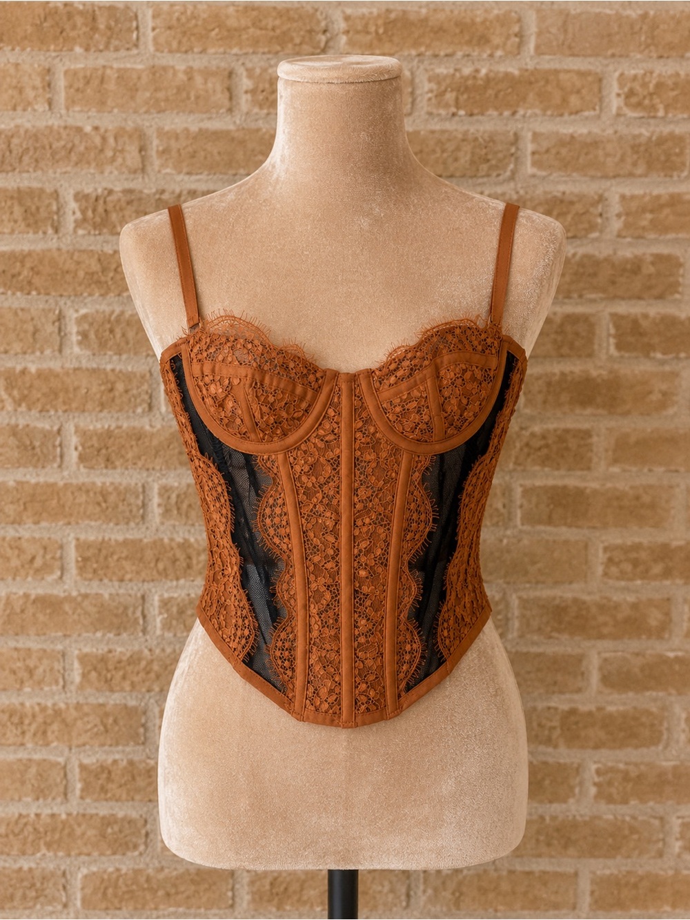 Urban Outfitters Rust Lace Underwire Corset Crop Top with Black Panels
